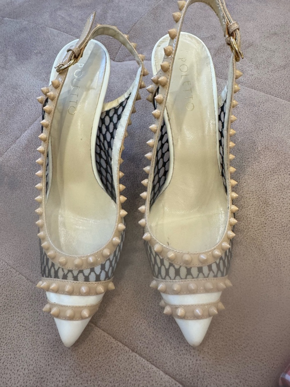 Poletto Studded Slingback Heels Gold Heel Size 37 Leather Pointed Toe